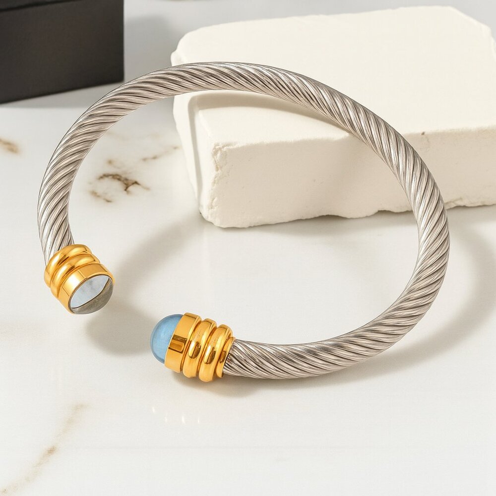 Minimalist Rope Cuff Bangle 18k Gold Plated Stainless Steel Blue Crystals 40$